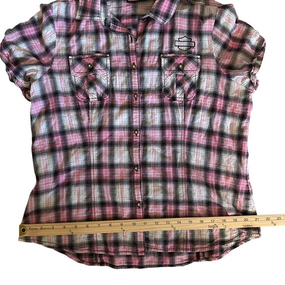 Harley-Davidson Pink Lavel Black and Pink Plaid Short Sleeve Button Up Blouse M - Picture 6 of 8